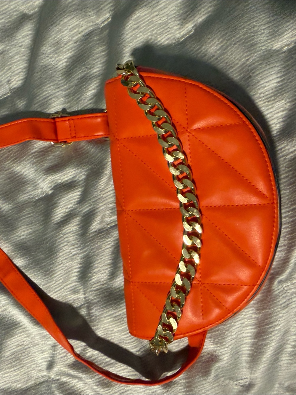 Jessica Simpson Orange Quilted Half-Moon Shoulder Bag with Gold Chain Detail